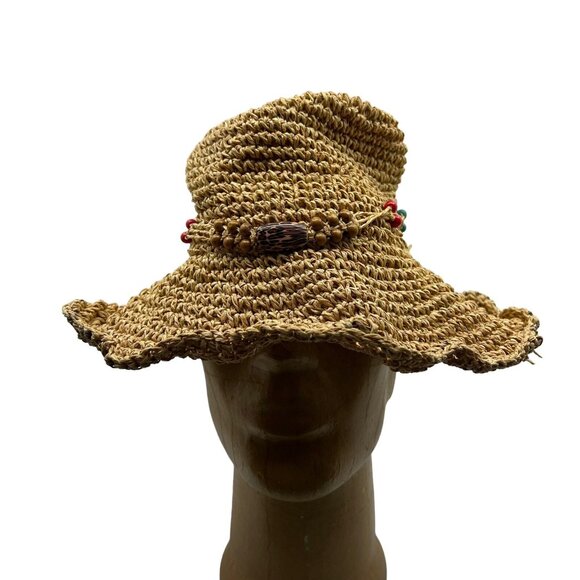 Saks Fifth Avenue Blue Women's OS Straw Hat Boho Hippie Floppy Wide Brim Woven - Picture 2 of 10